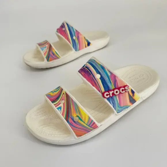 Crocs Unisex Slide Sandals Size M6 W8 White Multicolor Comfort Open Toe Poolcore - Picture 2 of 9